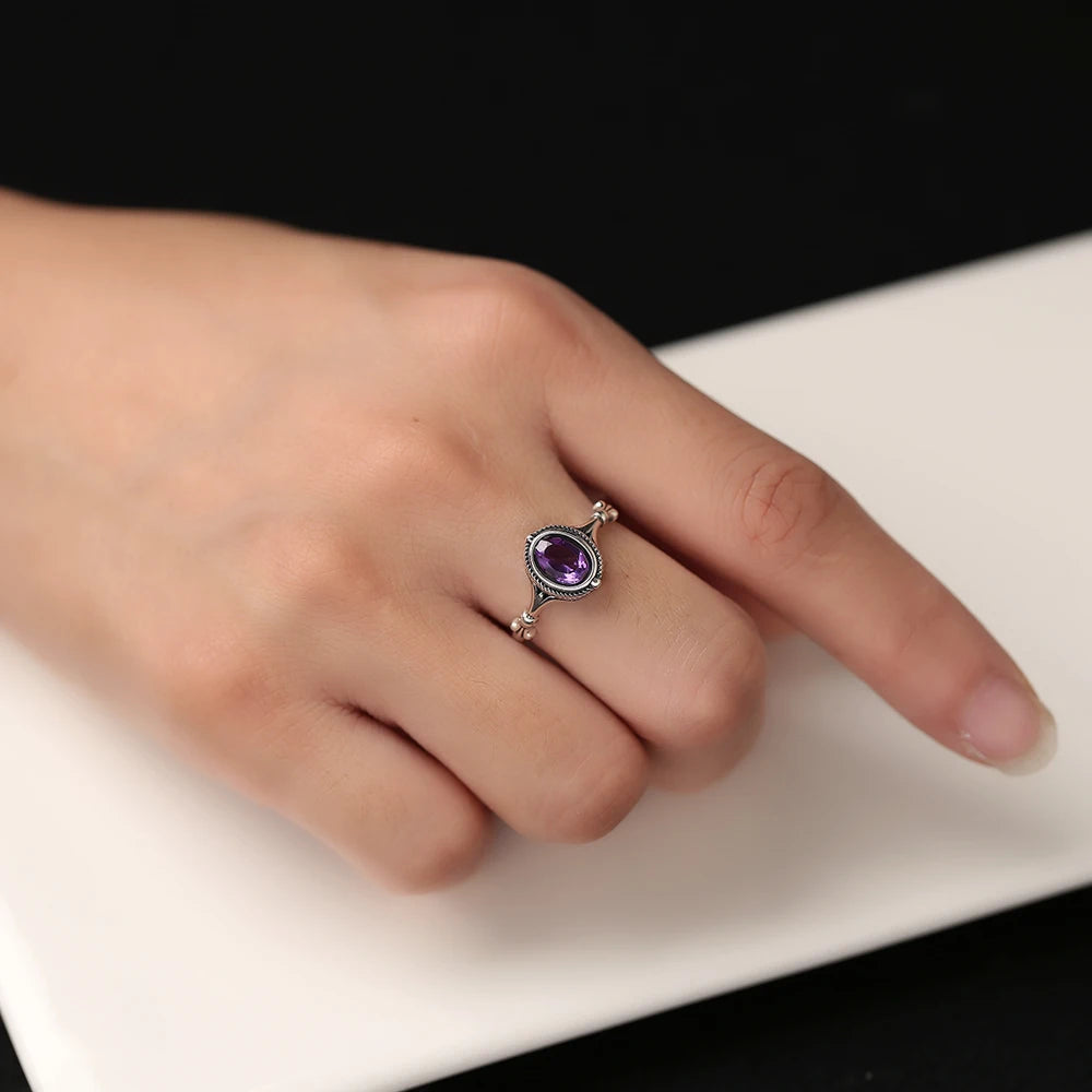 Natural Amethyst Ring – 925 Sterling Silver | Adjustable Unisex Purple Gemstone Jewelry