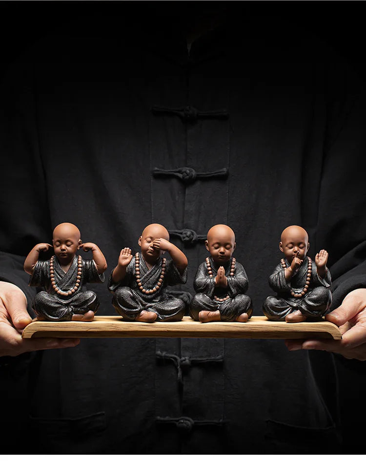Four Little Monk Ceramic Statues – See No Evil, Hear No Evil, Speak No Evil & Prayer for Blessings