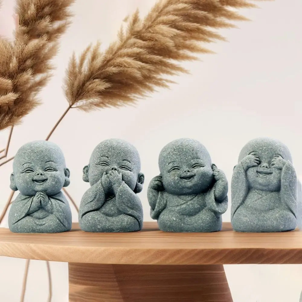 4-Piece Cute Little Buddha Resin Statue Set – Vintage Zen Figurines