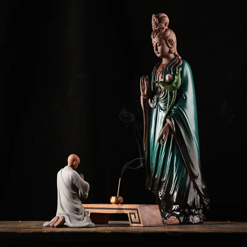Handmade Ceramic Little Monk Blessing Statue