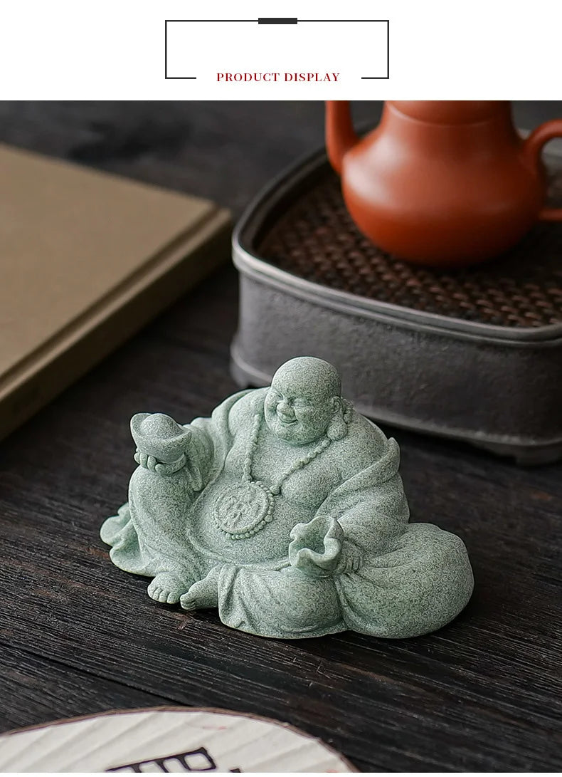 Green Sandstone Laughing Buddha Statue Chinese Buddhist figures Zen Buddha Home Room Office Wealth Luck Feng Shui Decor