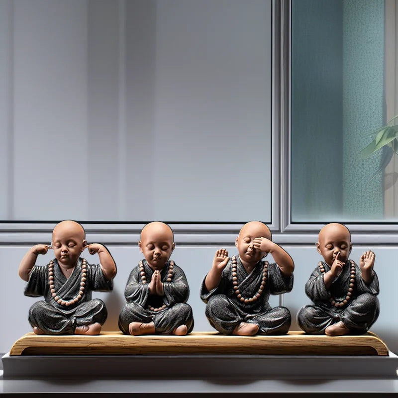 Four Little Monk Ceramic Statues – See No Evil, Hear No Evil, Speak No Evil & Prayer for Blessings