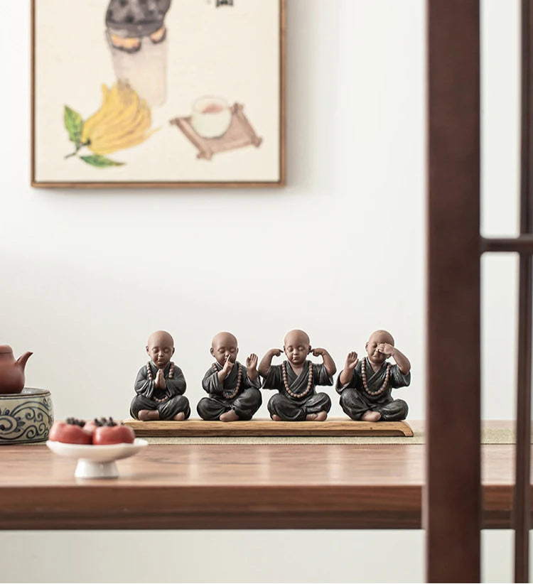 Four Little Monk Ceramic Statues – See No Evil, Hear No Evil, Speak No Evil & Prayer for Blessings