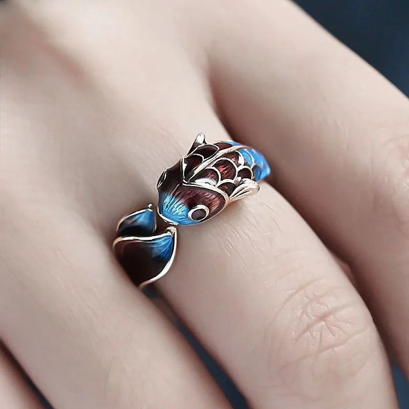 Meditation Koi Fish Ring – Silver-Plated Adjustable Enamel Jewelry | Symbol of Flow & Inner Harmony