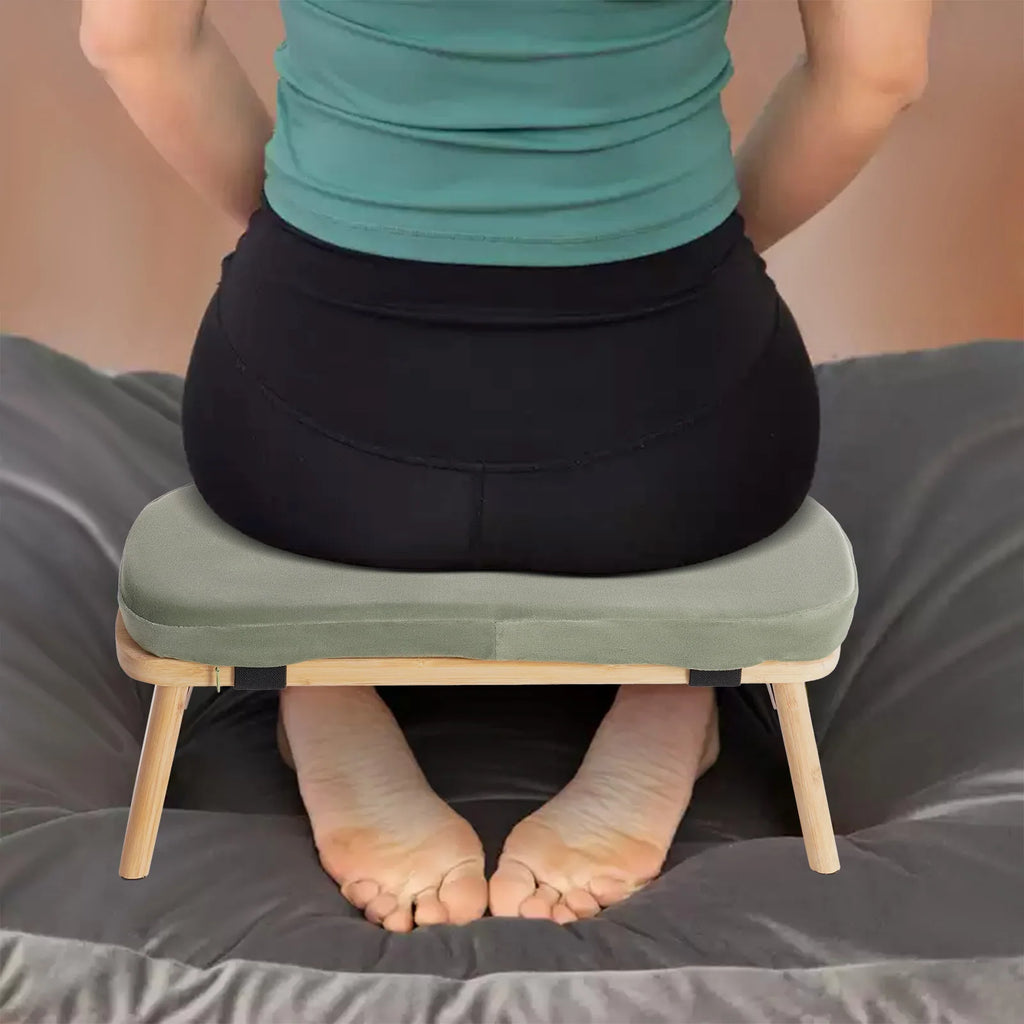 Foldable Bamboo Meditation Bench – Velvet Cushion with 5° Ergonomic Tilt & Carry Bag