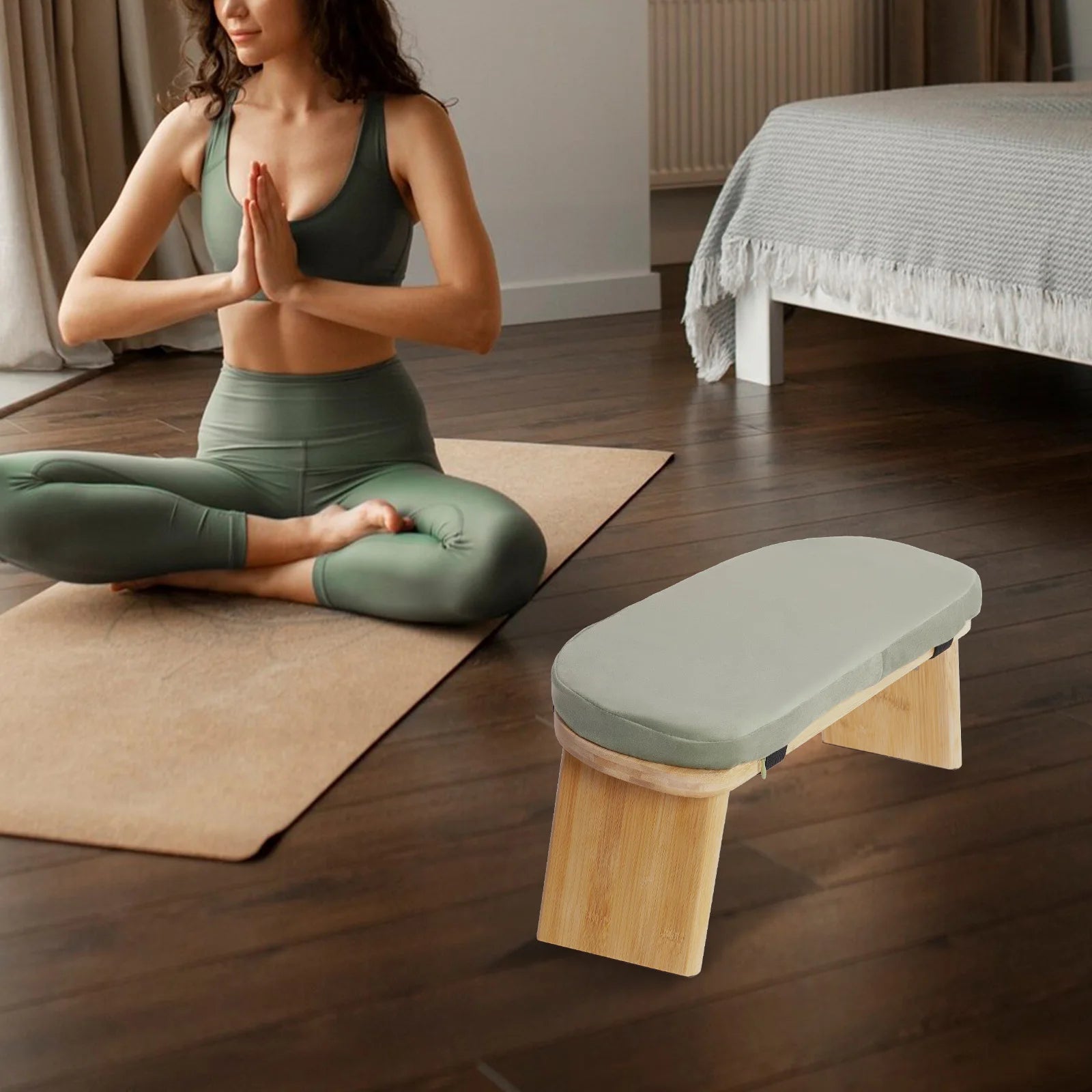 Foldable Bamboo Meditation Bench – Velvet Cushion with 5° Ergonomic Tilt & Carry Bag