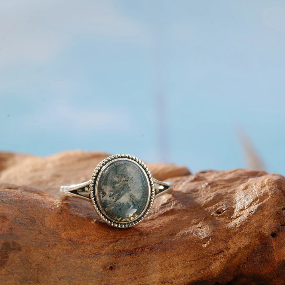Natural Moss Agate Ring – 925 Sterling Silver | Adjustable Unisex Gemstone Jewelry