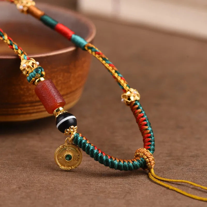 Tibetan-Style Hand-Woven Necklace – Beeswax Amulet & Thangka Pendant Rope