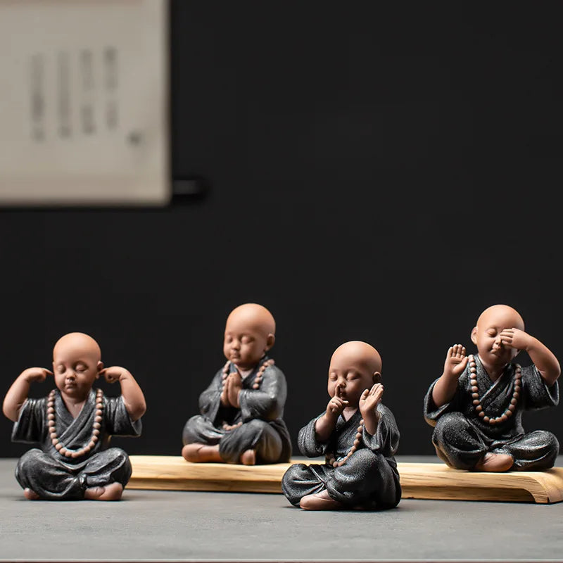 Four Little Monk Ceramic Statues – See No Evil, Hear No Evil, Speak No Evil & Prayer for Blessings