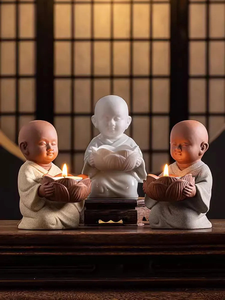 Ceramic Zen Little Monk Tealight Holder – Peaceful Meditation Candle Decor