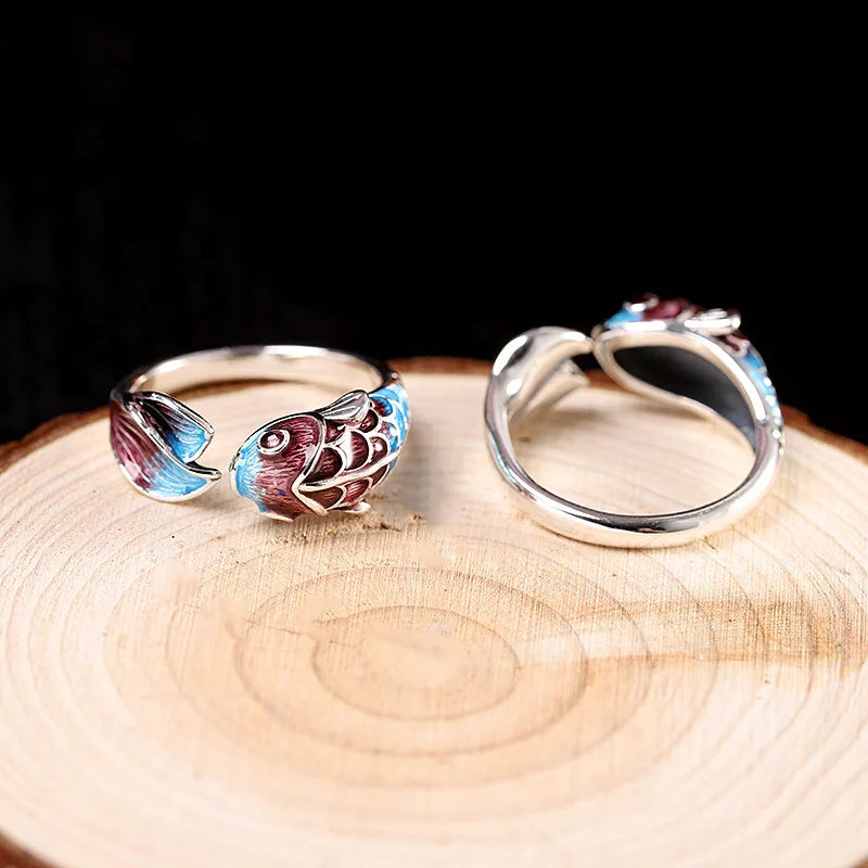 Meditation Koi Fish Ring – Silver-Plated Adjustable Enamel Jewelry | Symbol of Flow & Inner Harmony