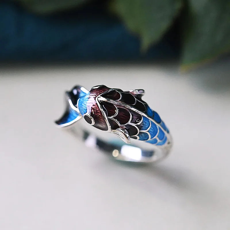 Meditation Koi Fish Ring – Silver-Plated Adjustable Enamel Jewelry | Symbol of Flow & Inner Harmony