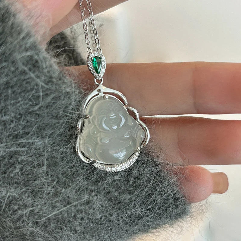 Blessing Jade Maitreya Buddha Pendant – Sterling Silver Good Fortune Necklace