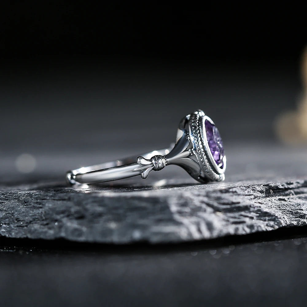 Natural Amethyst Ring – 925 Sterling Silver | Adjustable Unisex Purple Gemstone Jewelry