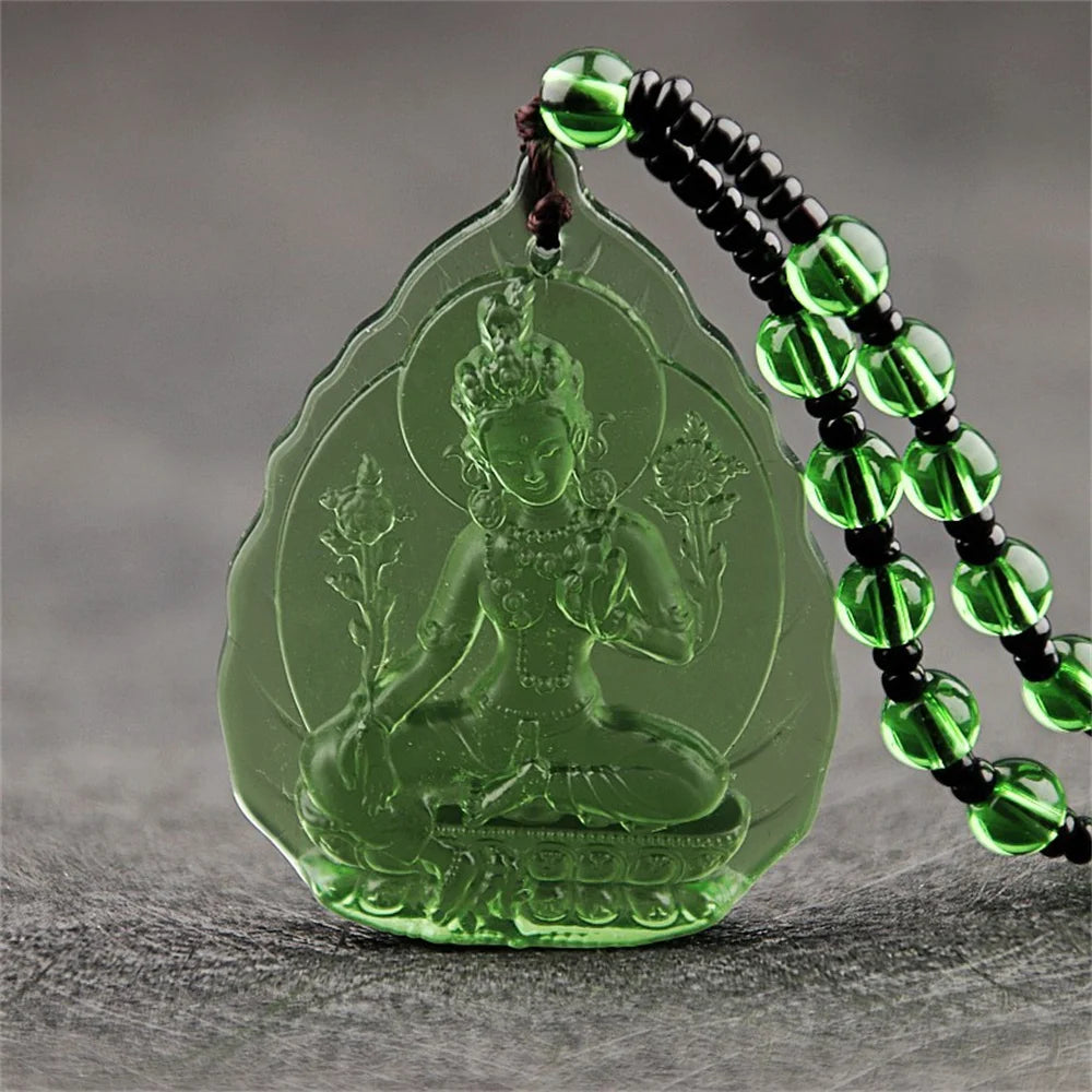 Ice Green Crystal Lotus GuanYin Amulet Necklace – Carved Buddhist Pendant with Beads | Lucky Protection Charm