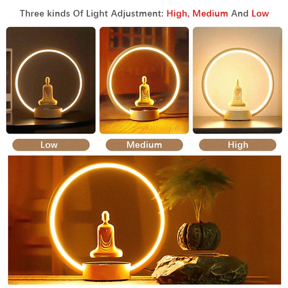 Magnetic Levitation Faceless Buddha Lamp – Gold-Plated Zen Meditation Light with Auto Rotation & Touch Control
