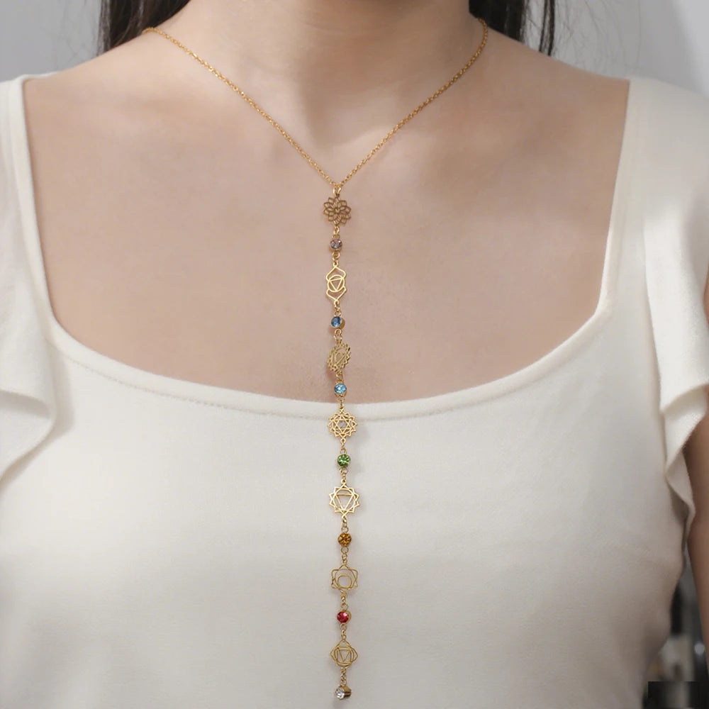 Yoga 7 Chakra Flower Necklace – Stainless Steel with Clear Zircon Charms