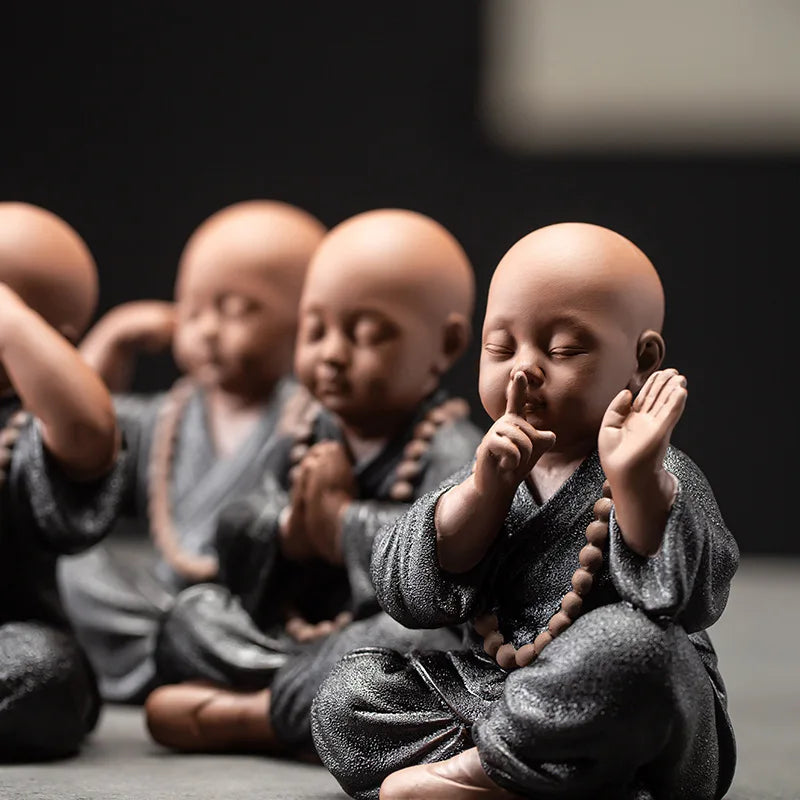 Four Little Monk Ceramic Statues – See No Evil, Hear No Evil, Speak No Evil & Prayer for Blessings
