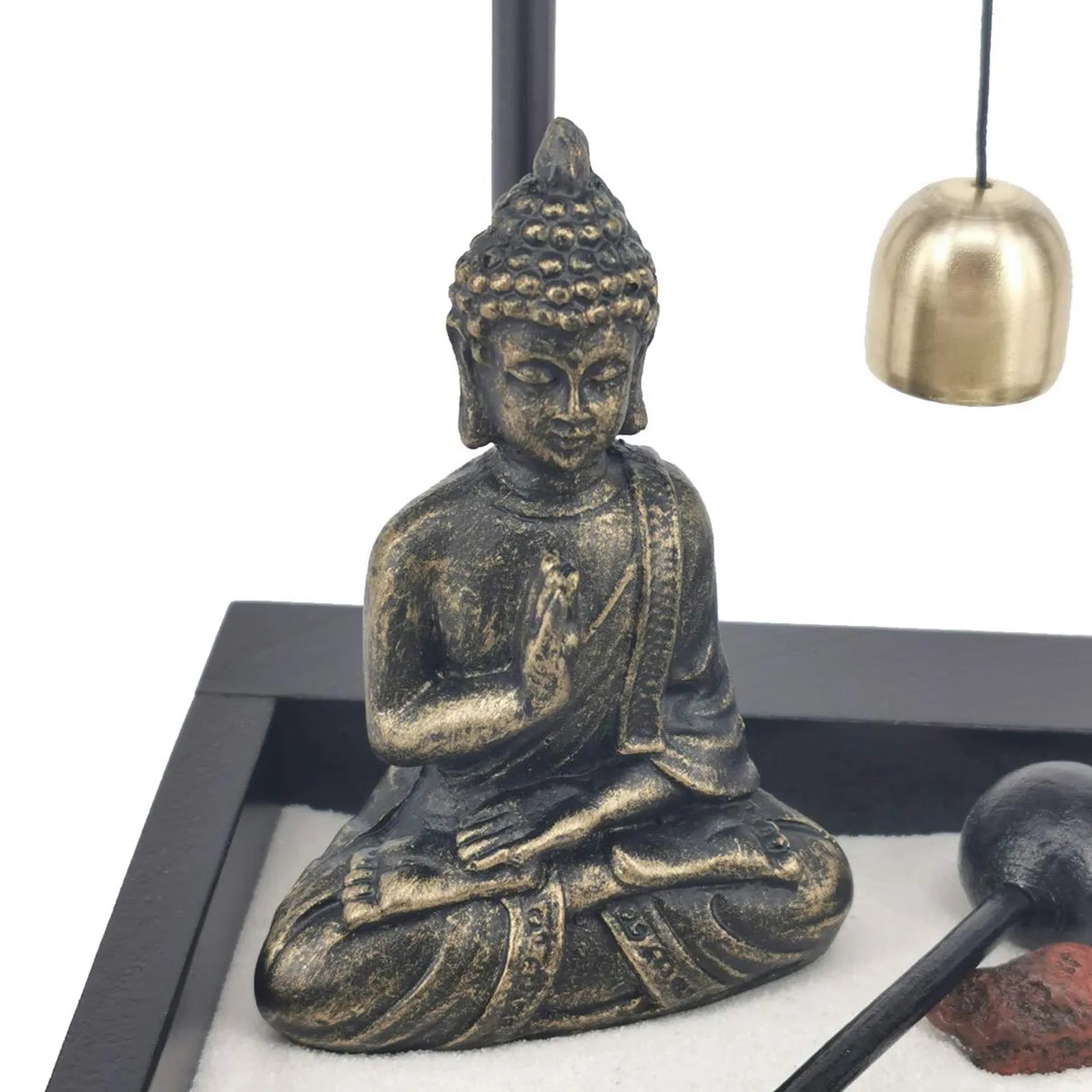 Desktop Zen Sand Garden with Meditating Buddha Statue – Complete Miniature Sand Tray Kit