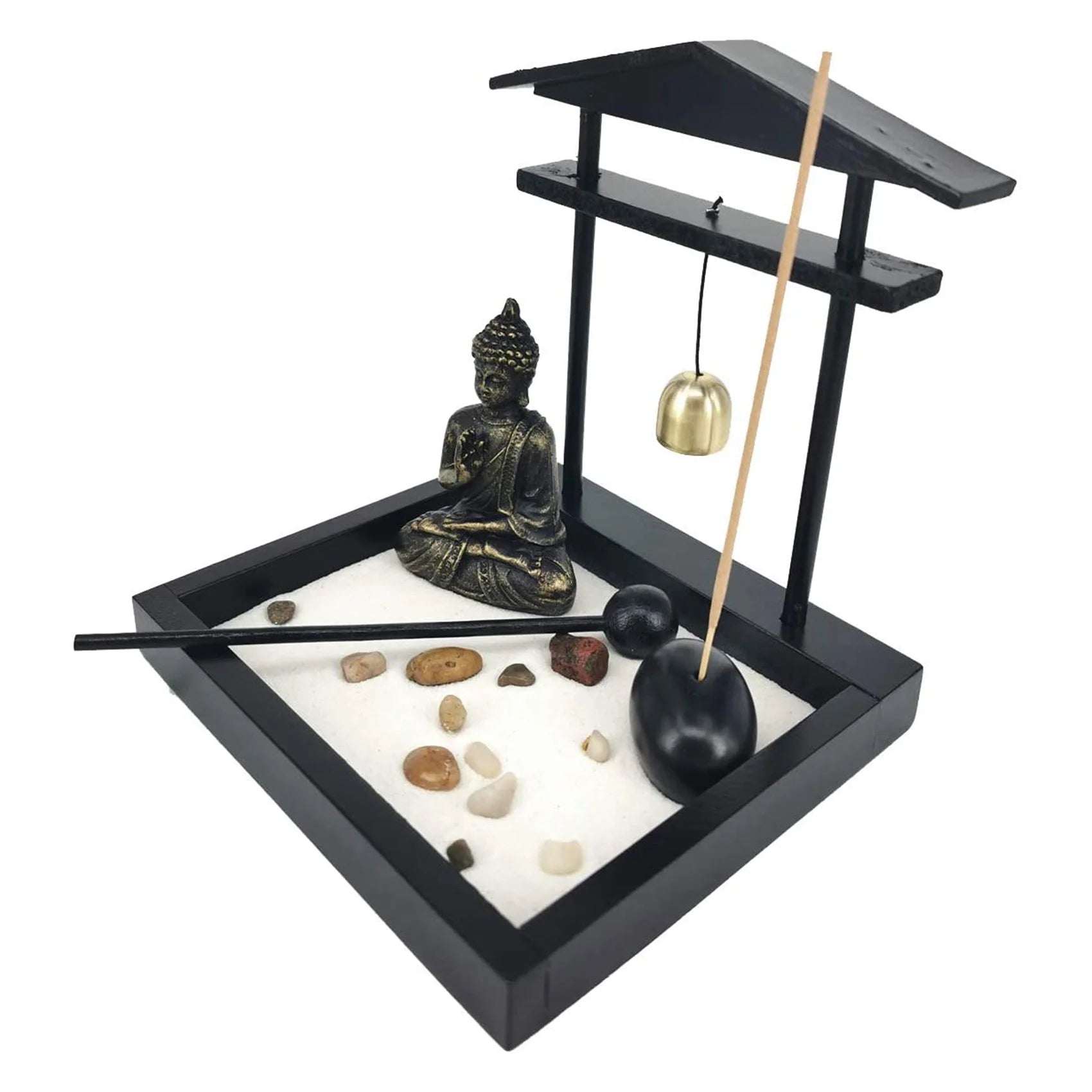 Desktop Zen Sand Garden with Meditating Buddha Statue – Complete Miniature Sand Tray Kit