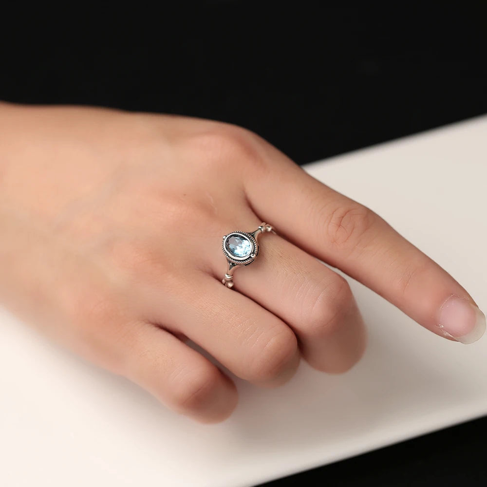 Natural Blue Topaz Ring – 925 Sterling Silver | Adjustable Unisex Gemstone Jewelry