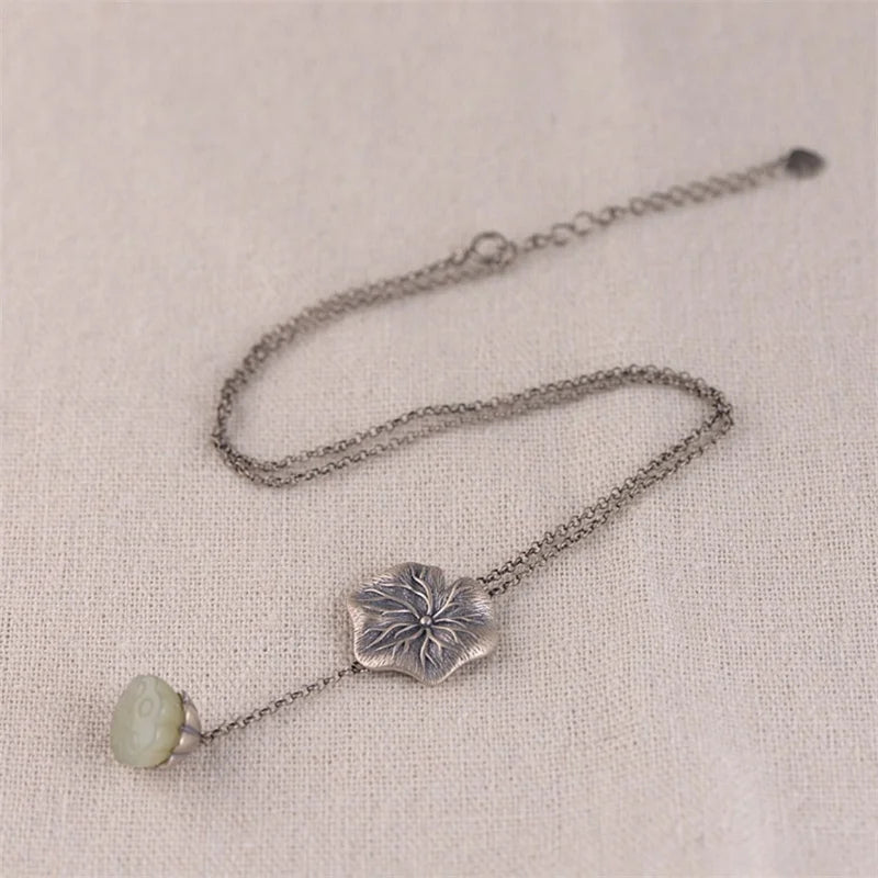 Ethnic Lotus Leaf & Jade Tassel Necklace