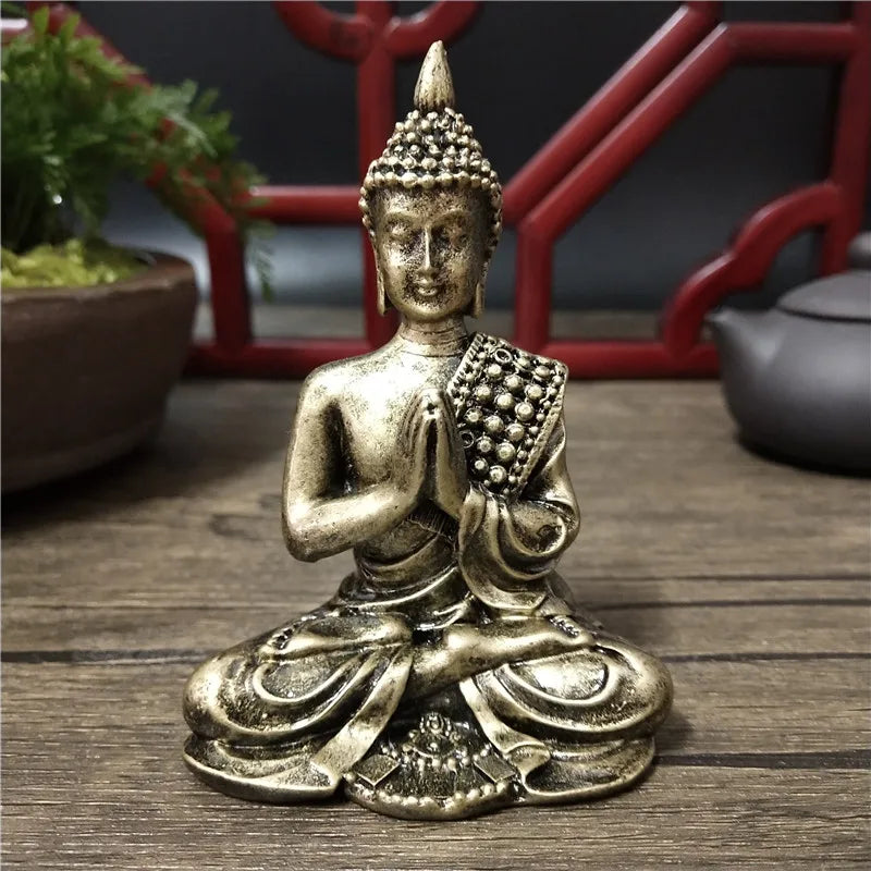 Handmade Resin Buddha Statue – Antique Bronze & Radiant Gold Luck Figurine