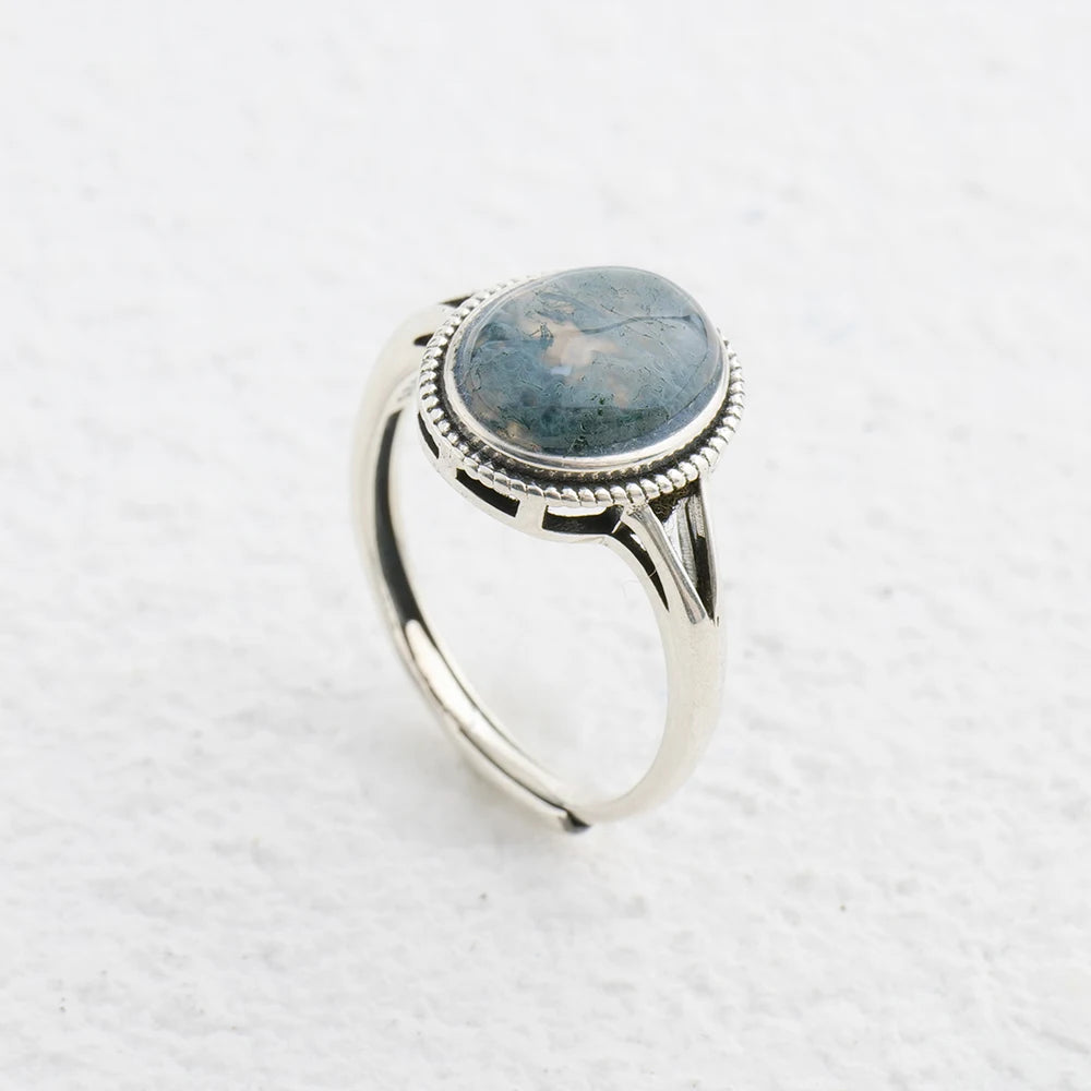 Natural Moss Agate Ring – 925 Sterling Silver | Adjustable Unisex Gemstone Jewelry