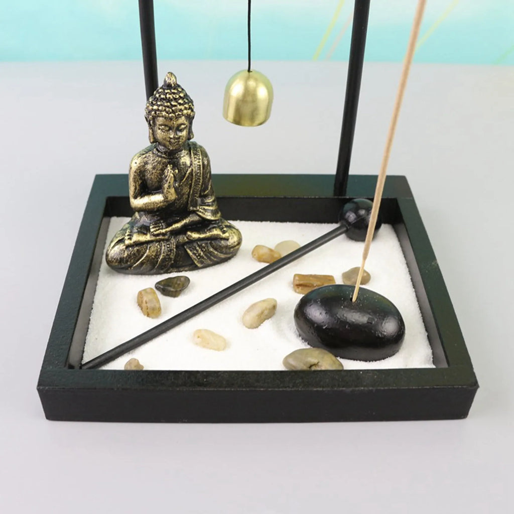 Desktop Zen Sand Garden with Meditating Buddha Statue – Complete Miniature Sand Tray Kit