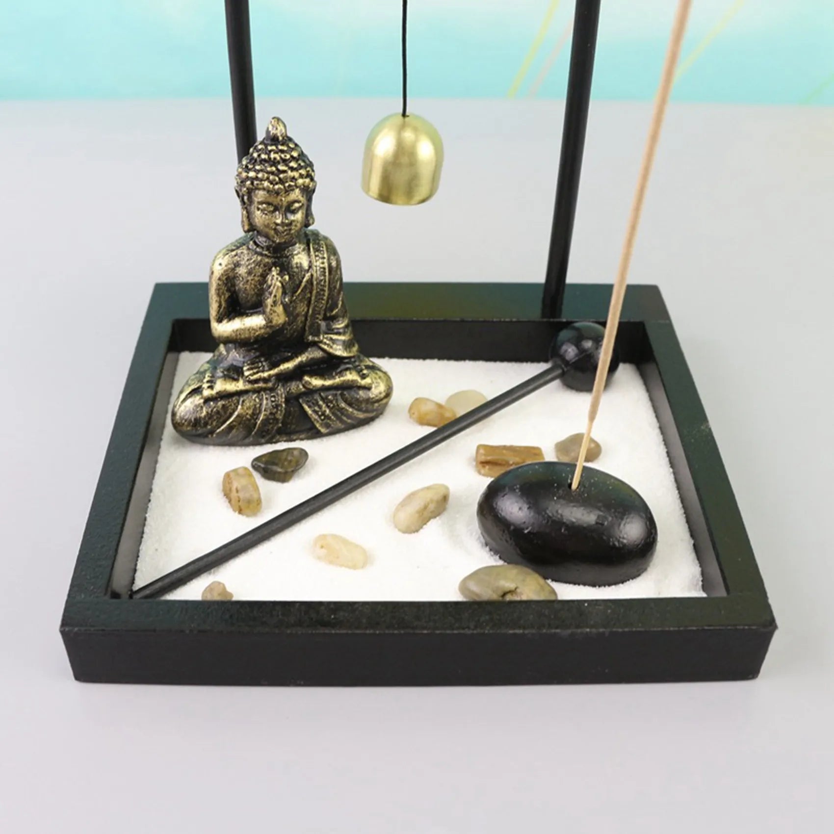 Desktop Zen Sand Garden with Meditating Buddha Statue – Complete Miniature Sand Tray Kit