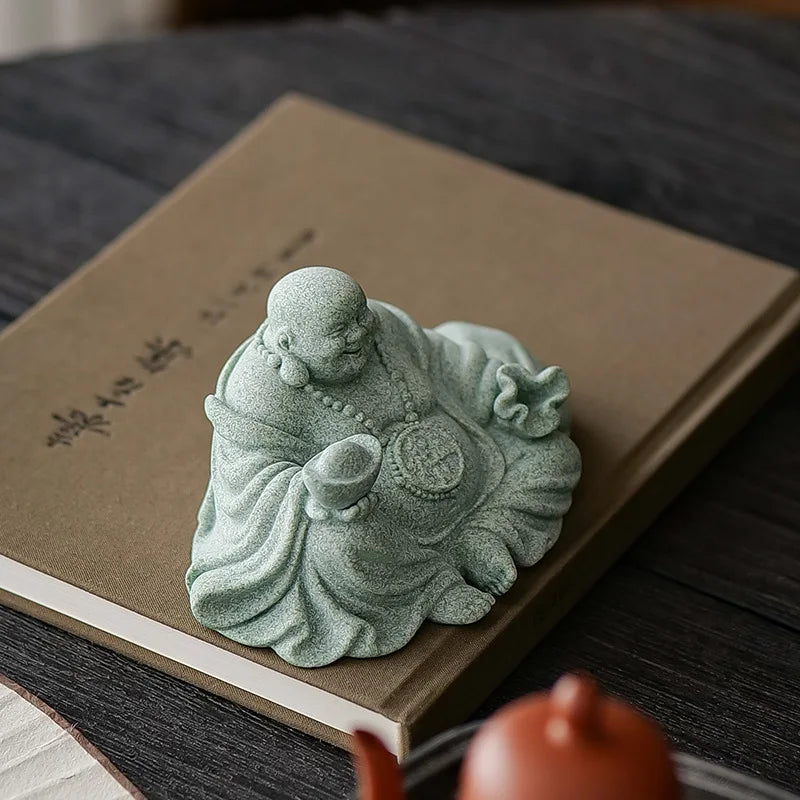 Green Sandstone Laughing Buddha Statue Chinese Buddhist figures Zen Buddha Home Room Office Wealth Luck Feng Shui Decor