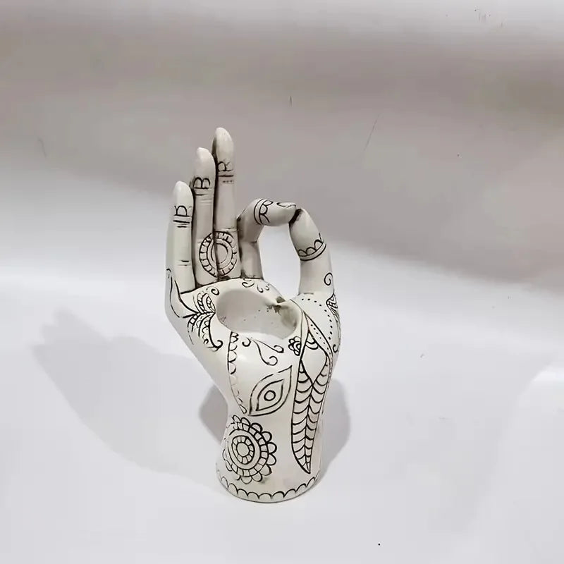 Hand of Serenity Mudra Statue – Henna-Pattern Resin Meditation Decor