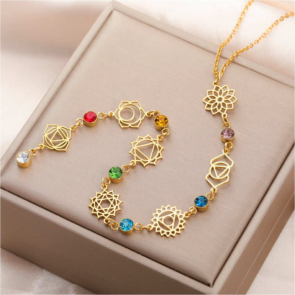 Yoga 7 Chakra Flower Necklace – Stainless Steel with Clear Zircon Charms