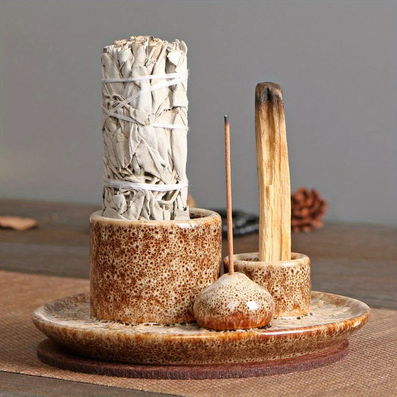 4-in-1 Ceramic Palo Santo &amp; Incense Holder – Meditation & Home Décor Tray