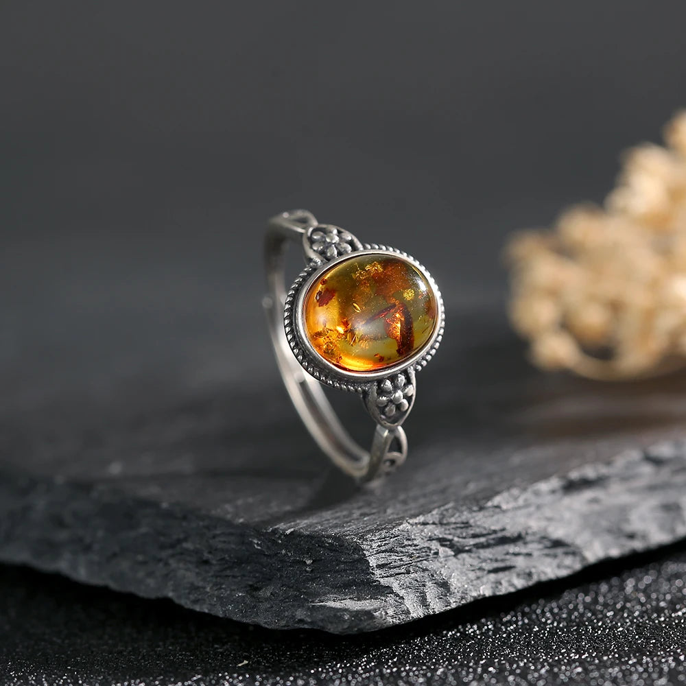 Natural Amber Ring – 925 Sterling Silver | Adjustable Unisex Gemstone Jewelry