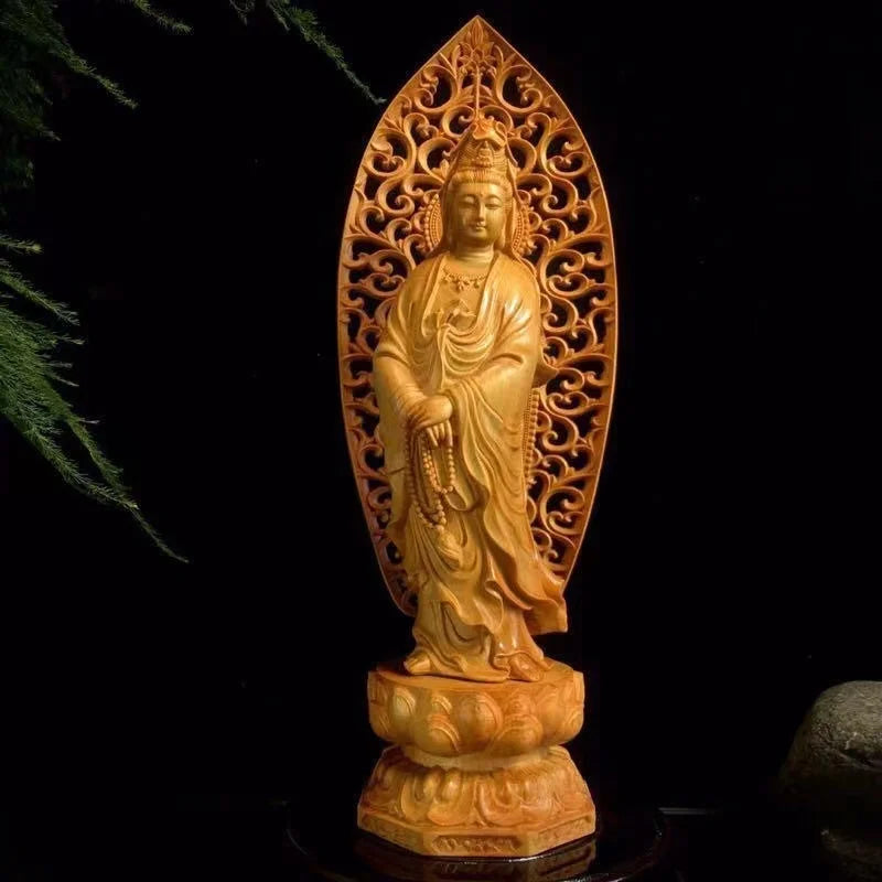Wooden Figure Buddha Guanyin Bodhisattva Feng Shui Statue Chinese Buddha Statues Home Room, Office Decoration Accessories