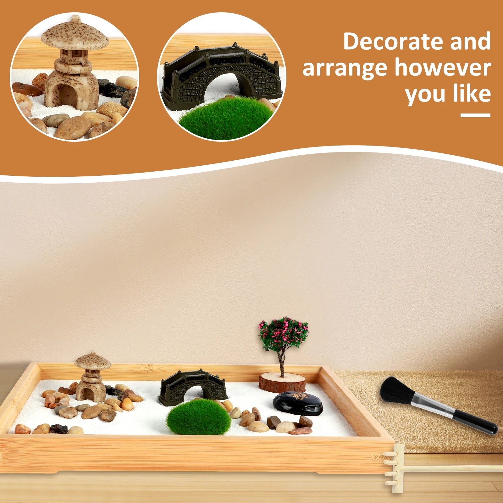 Mini Zen Garden Kit with Tree & Stone Bridge – Desktop Meditation Sand Tray