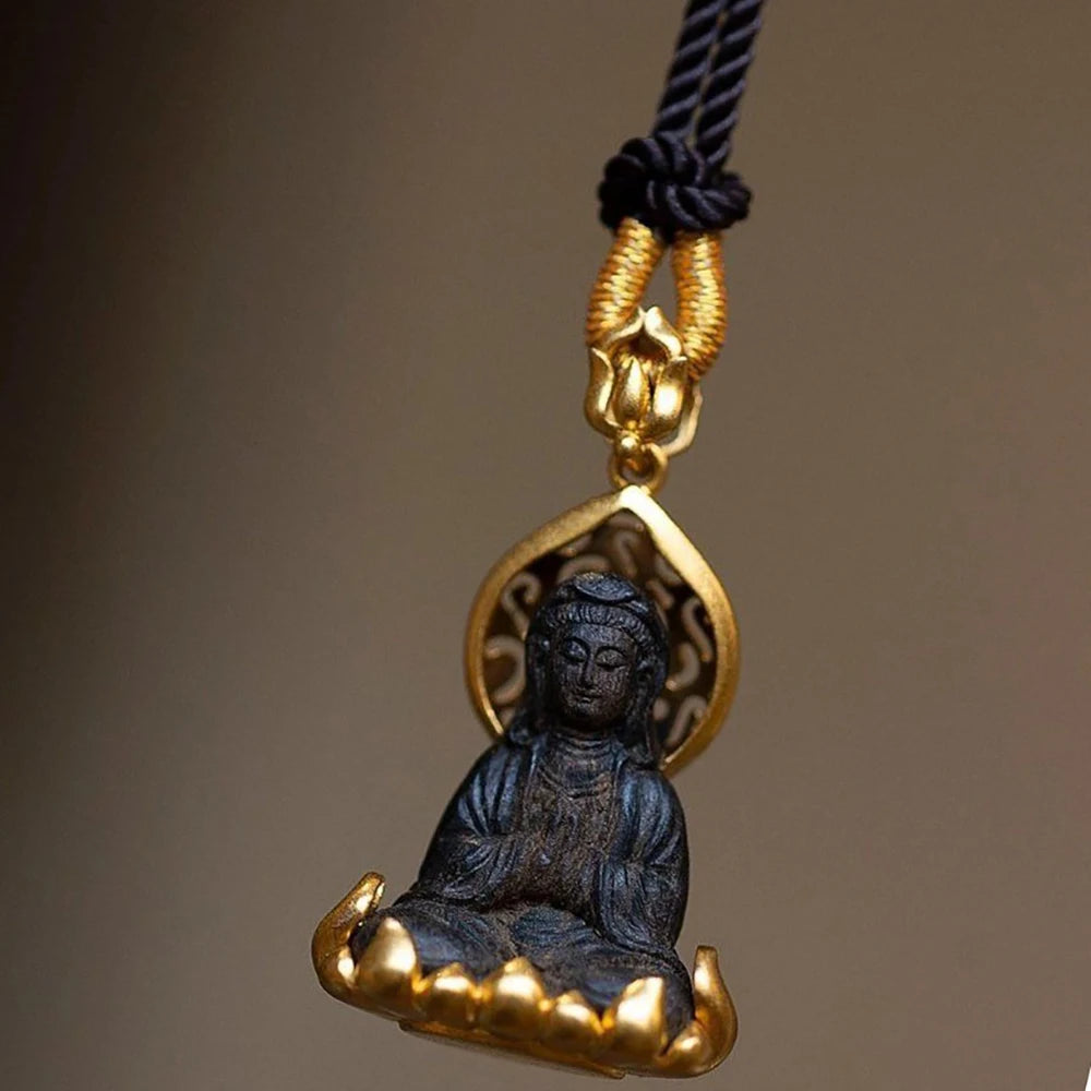 Handmade Guanyin Buddha Pendant Necklace – Adjustable Black Rope Spiritual Jewelry