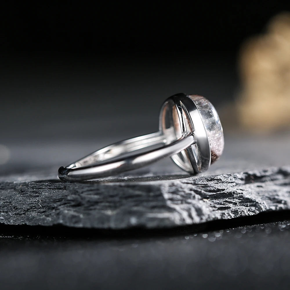 Natural Phantom Crystal Ring – 925 Silver Minimalist Oval 10×8 mm | Unisex Adjustable Spiritual Jewelry