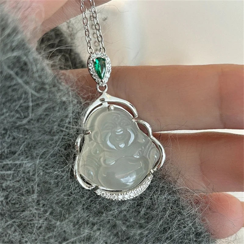 Blessing Jade Maitreya Buddha Pendant – Sterling Silver Good Fortune Necklace