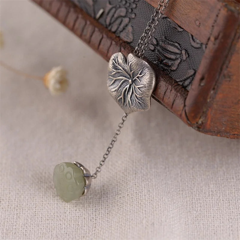 Ethnic Lotus Leaf & Jade Tassel Necklace