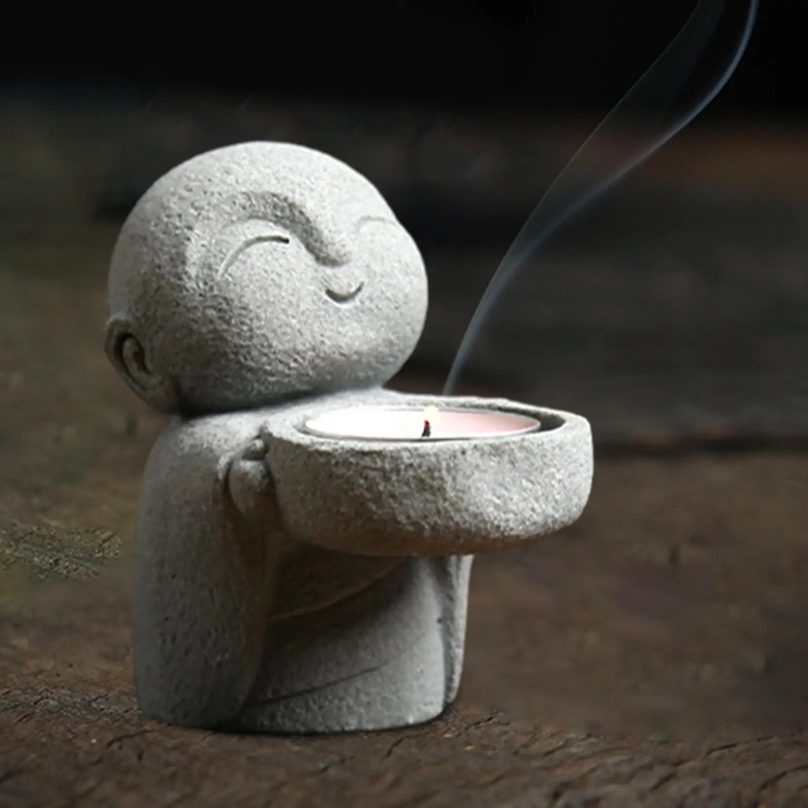 Smiling Buddha Candle Holder – Resin & Bluestone Sand Tealight Statue