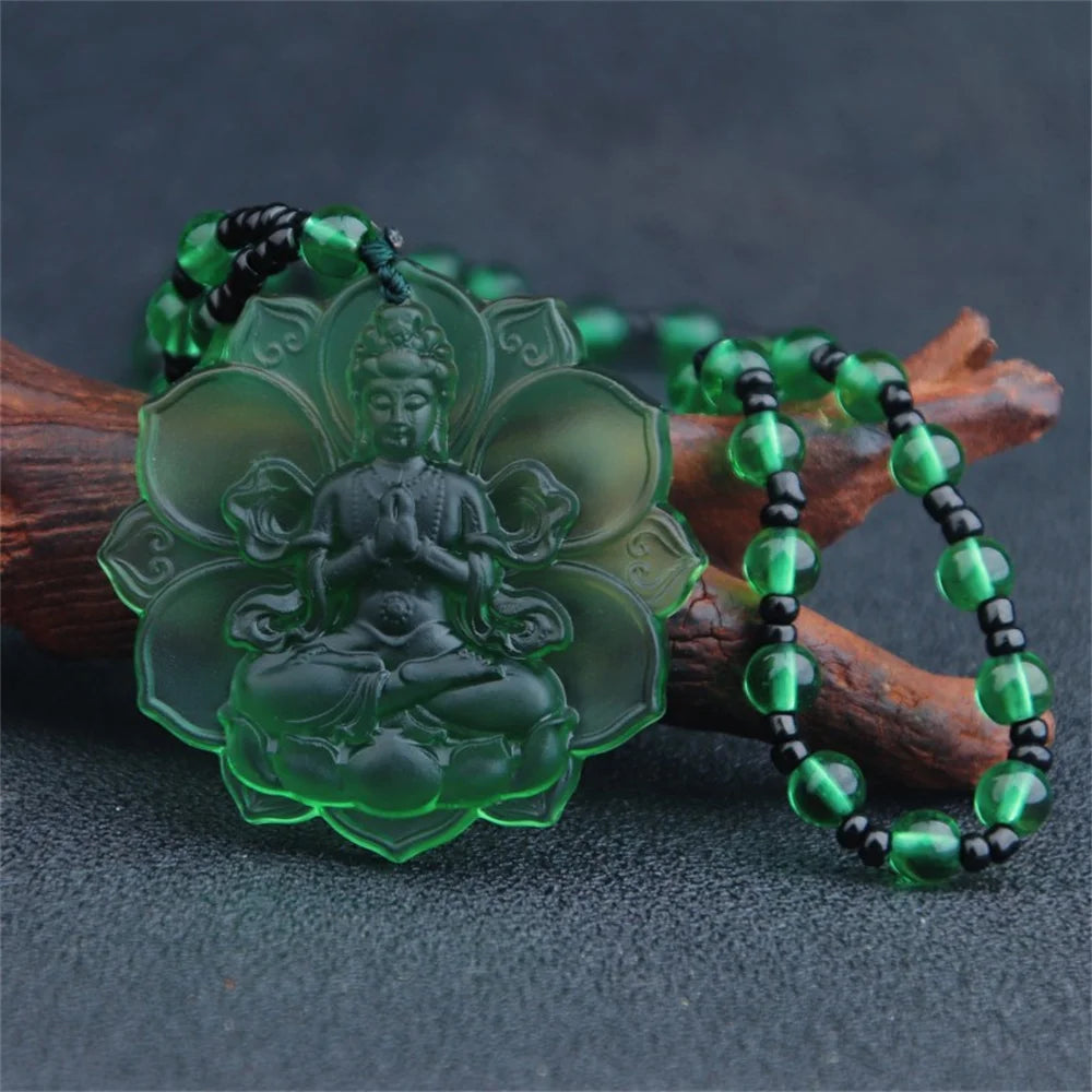 Ice Green Crystal Lotus GuanYin Amulet Necklace – Carved Buddhist Pendant with Beads | Lucky Protection Charm