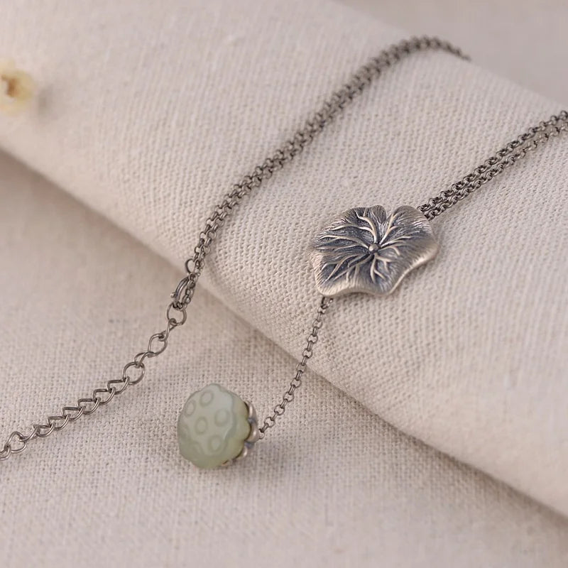 Ethnic Lotus Leaf & Jade Tassel Necklace