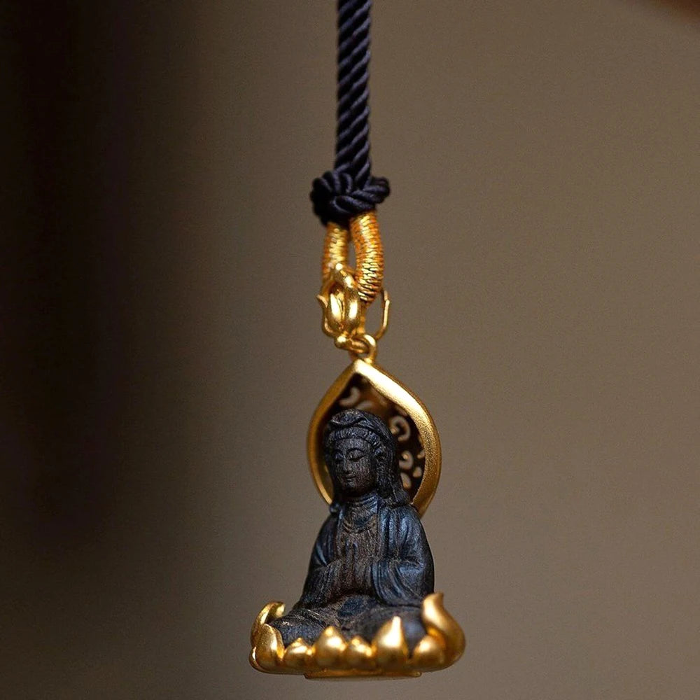 Handmade Guanyin Buddha Pendant Necklace – Adjustable Black Rope Spiritual Jewelry