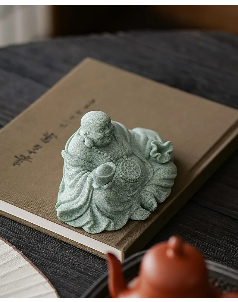 Green Sandstone Laughing Buddha Statue Chinese Buddhist figures Zen Buddha Home Room Office Wealth Luck Feng Shui Decor
