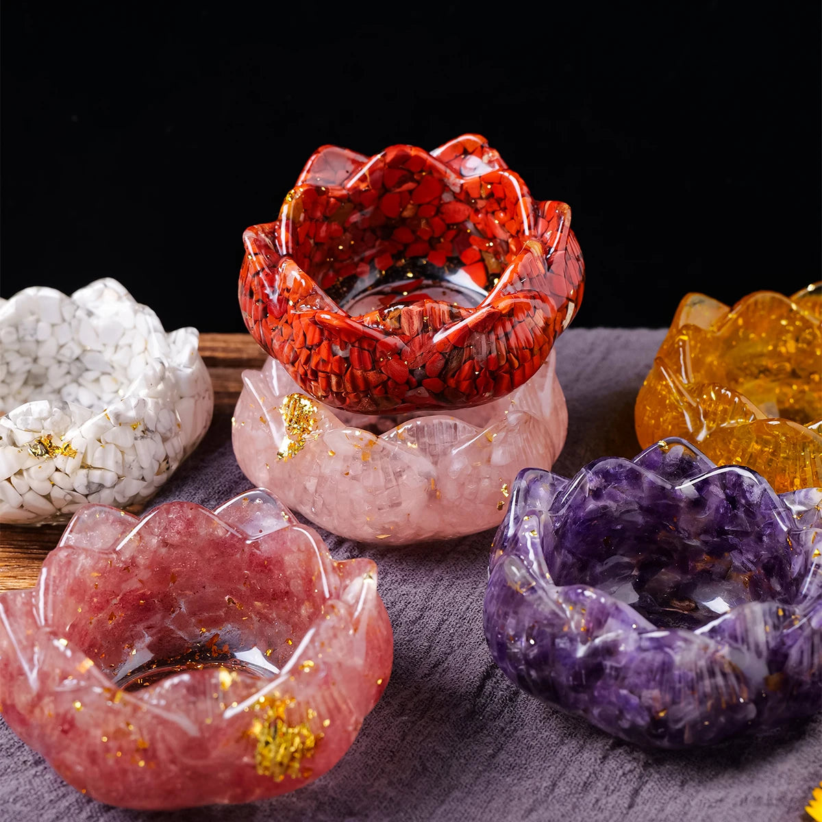 Natural Crystal Lotus Flower Base – Gemstone Candle or Sphere Holder