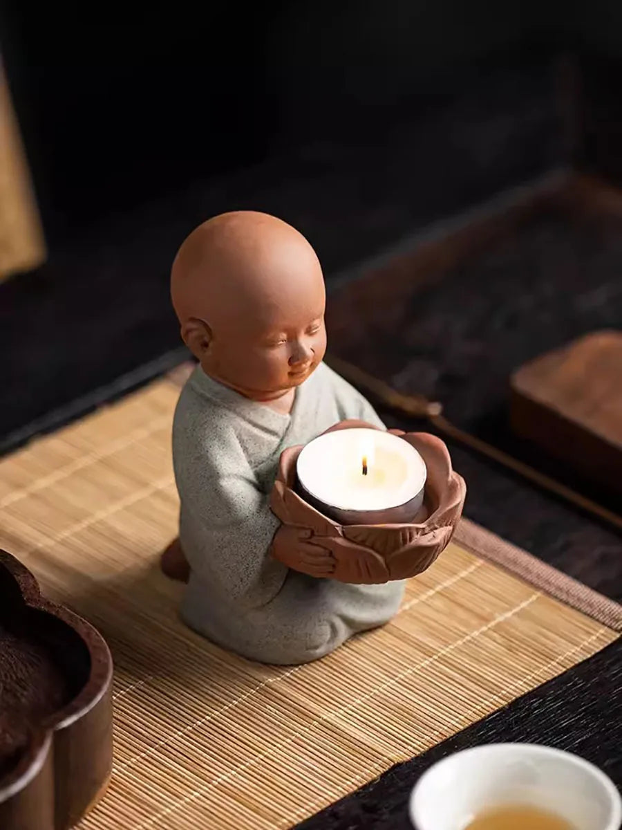 Ceramic Zen Little Monk Tealight Holder – Peaceful Meditation Candle Decor