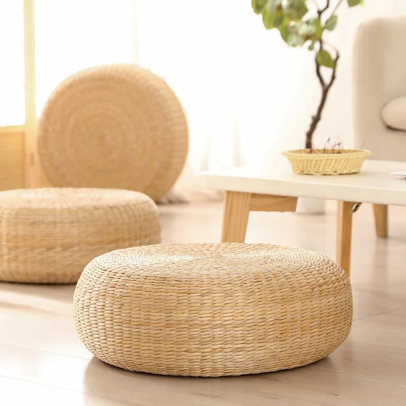 Round Zen Meditation Cushion – Natural Rattan Yoga Floor Seat | 40–70 cm Sizes