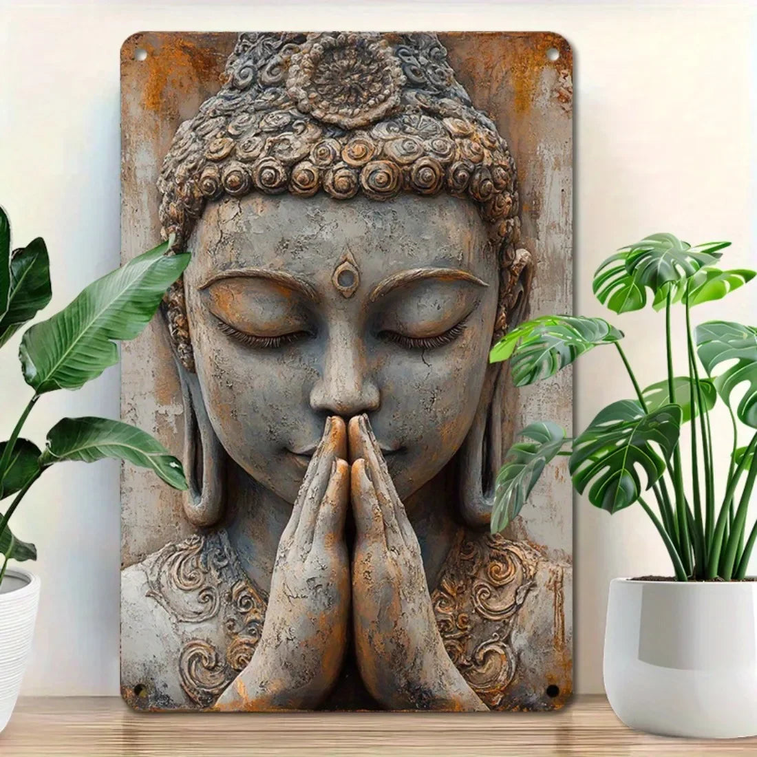 Golden Leaf Buddha Tin Sign - Vintage Aluminum Wall Art | 8x12 Inch Zen Decor for Home, Garden & Meditation Space | Spiritual Metal Sign